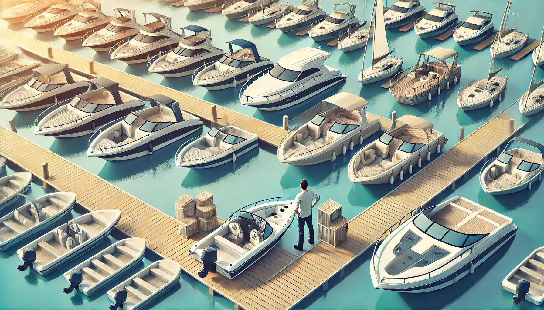 A person examining a variety of boats at a marina