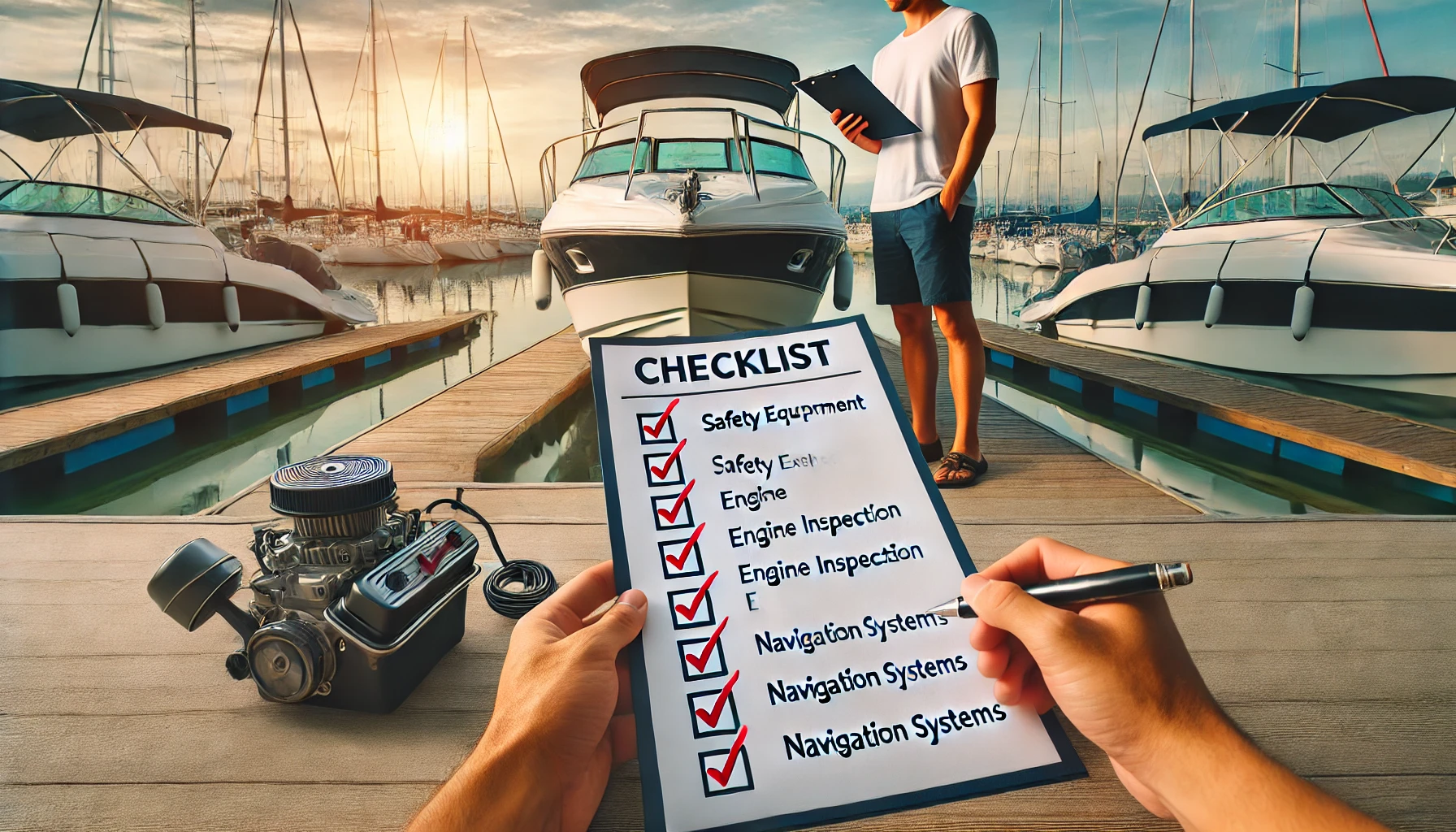 A person reviewing a checklist while standing next to a boat at a marina