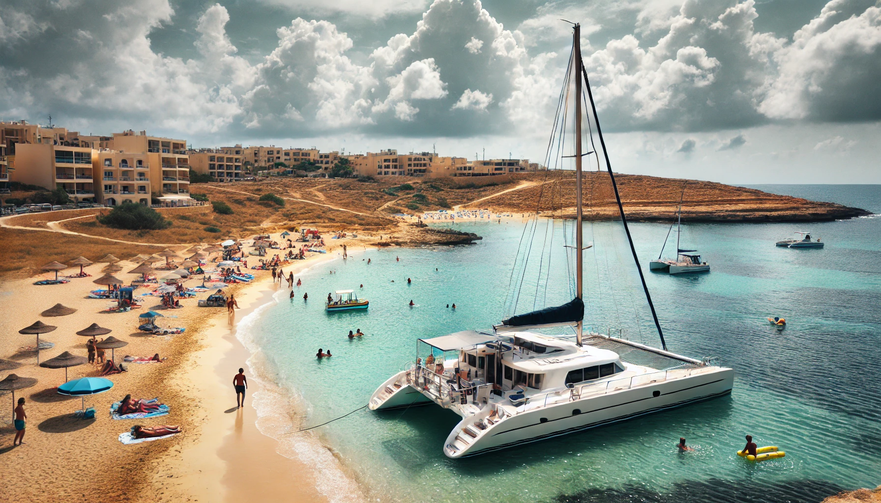 Catamaran Anchored near the Sandy Beaches of Mellieha Bay