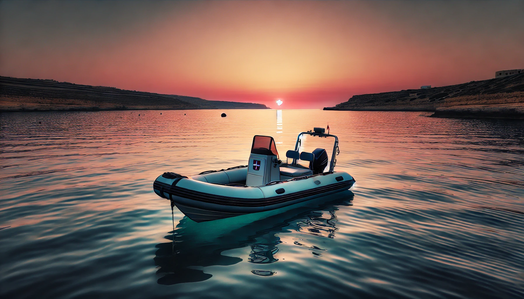 This image captures the tranquil beauty of a RIB anchored in calm waters during a sunset over the Maltese coastline