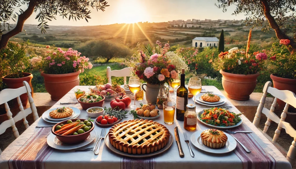 A beautiful outdoor dining table in a Maltese garden, set with traditional Maltese dishes