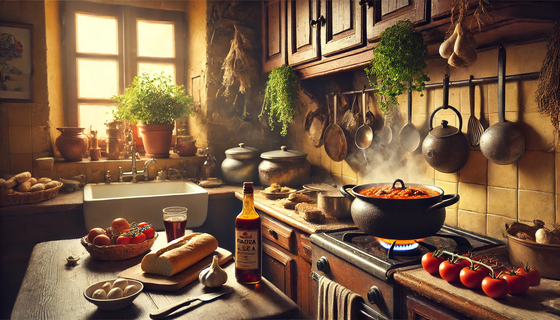 A cozy Maltese kitchen where a traditional dish like Fenkata is being prepared