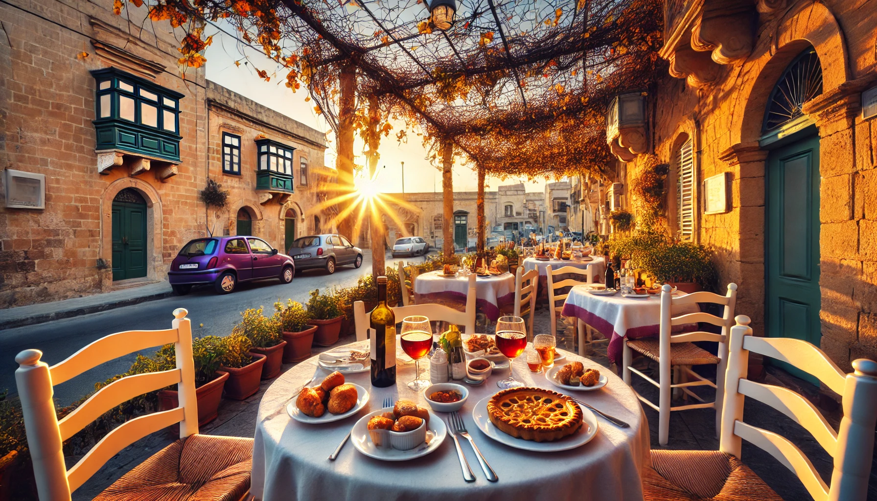 Here is a cozy Maltese village café scene at sunset